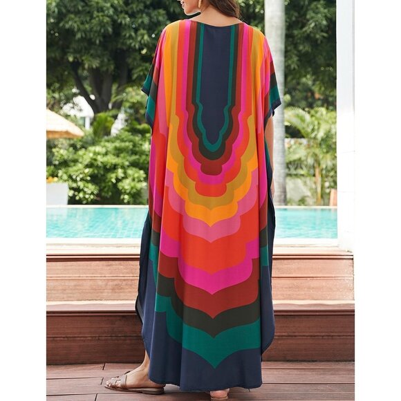 🆕Women's A-Colored Geometry Kaftan Dress V Neck Swimsuit Cover-Up Loungewear - Picture 7 of 7